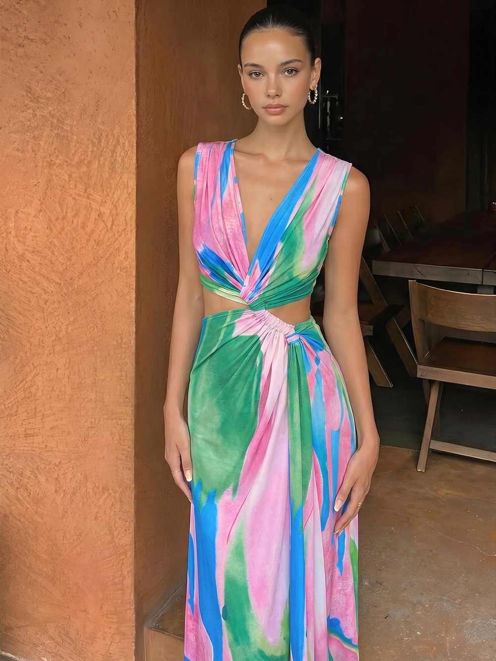 Commense Twist Cutout Sleeveless Tie Dye Maxi Dress
